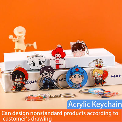 Un porte-clés en acrylique durable avec une bague en métal et un personnage de dessin animé